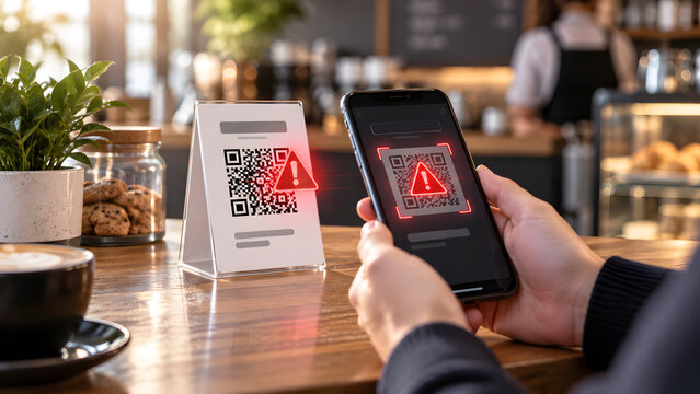 Smartphone Detecting a Scam QR Code on a Cafe Table Stand