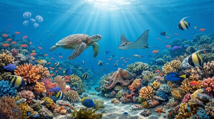 Fototapeta premium Sea turtle and stingray swimming over a vibrant coral reef. Detailed underwater ecosystem. Marine life photograph featuring colorful tropical fish octopus and jellyfish in crystal blue ocean