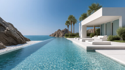 Fototapeta premium Modern luxury villa with infinity pool, ocean view, palm trees, white minimalist architecture, serene atmosphere