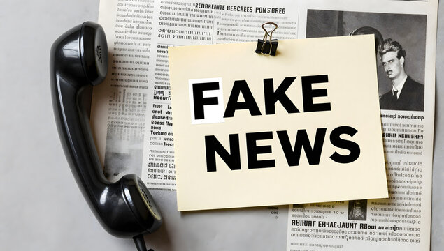 Fake News Headline: A vintage rotary telephone rests beside a newspaper with a prominent FAKE NEWS sign, suggesting misinformation and outdated communication methods.