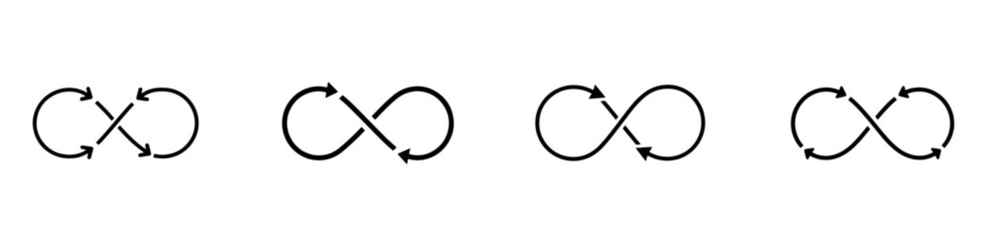Black white infinity loop arrows icon with editable stroke for endless process and continuous flows.