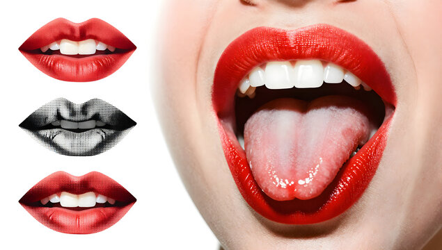 Sensual Red Lips and Tongue: A striking close-up of a woman's open mouth with bright red lipstick and a glistening tongue, accompanied by two other lip portraits in red and grayscale.