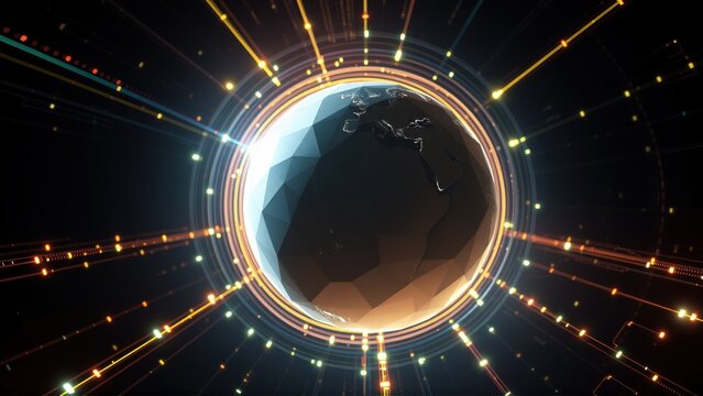 Low poly globe centered. Bright light radiates outward, creating futuristic effect. Dark background emphasizes glowing elements.