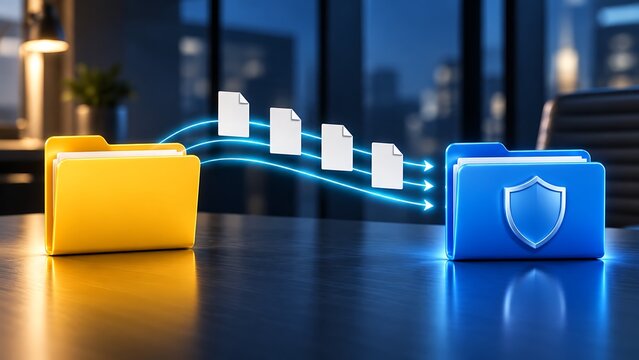 Secure data migration and encrypted file transfer into a protected digital folder on a corporate office desk