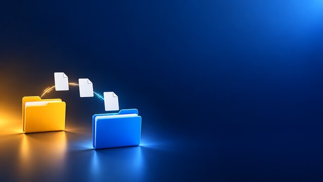Glowing digital files transferring between virtual folders illustrating seamless data migration and cloud backup solutions