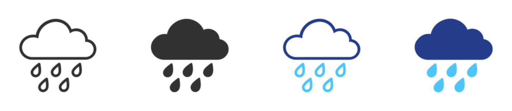 Rain cloud icon set, outline and filled rainfall weather pictograms on transparent background