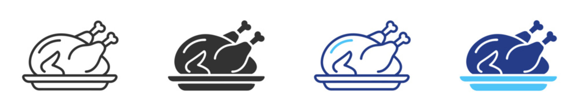 Thanksgiving turkey icons, outline and solid roast dinner symbols on transparent background