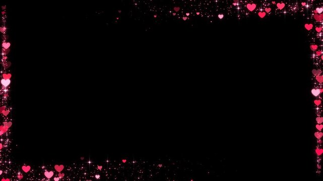 valentines day hearts neon lights and glitter stars trails border frame alpha channel animation,shiny glowing heart romantic love celebration overlay motion design element