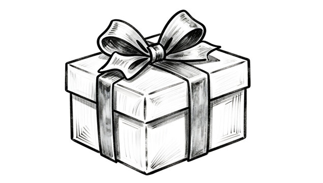 Gift Wrapped Surprise: A simple yet elegant gift box adorned with a classic bow, presented in a hand-drawn sketch style. A symbol of anticipation and thoughtful giving.