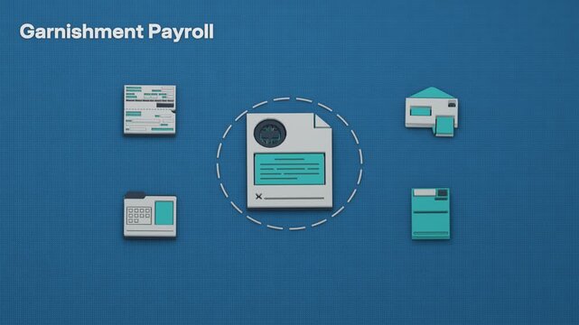 Payroll processes the court order, withholds wages subject to applicable exemptions, and remits the required payment. Flat 3D style; an English title card.