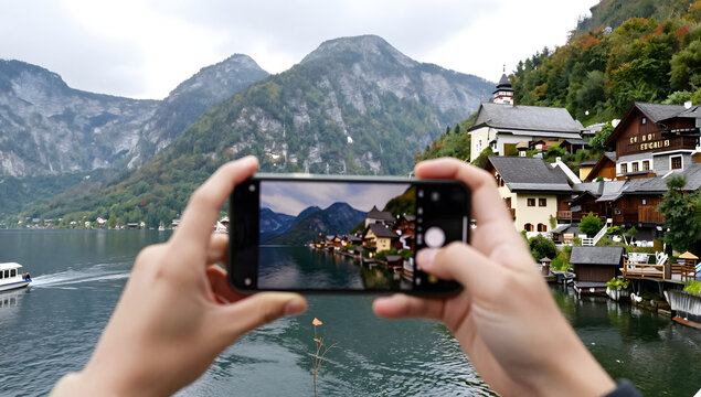 Capturing the Charm of Hallstatt: Hands holding a smartphone to photograph the picturesque village of Hallstatt, nestled between a serene lake and majestic mountains.