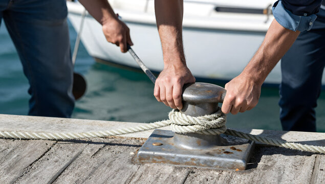 Securing the Vessel: Hands work together to expertly tie a sturdy rope around a polished metal mooring bollard on a wooden pier, ensuring the boat's safety against the calm blue water.