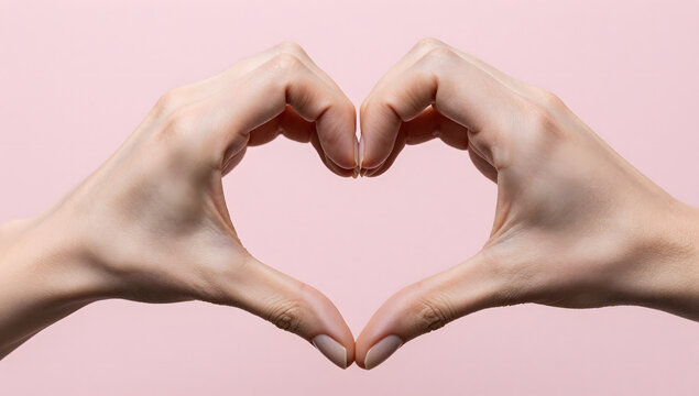 Heart Hands Gesture: A close-up shot captures two hands forming a perfect heart shape against a soft pink background, symbolizing love, care, and connection.
