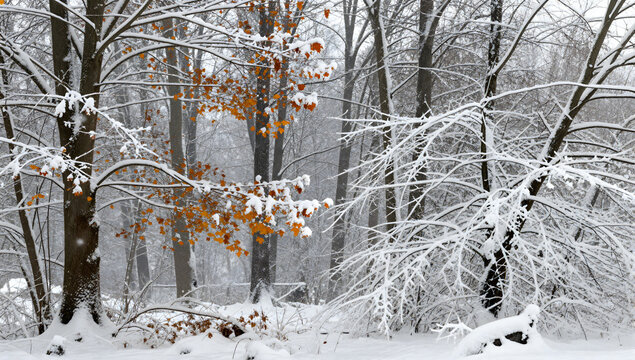 Winter Forest Tranquility: A serene winter forest scene unfolds with snow-laden trees, delicate snowflakes falling, and a touch of lingering autumn foliage, creating a peaceful, ethereal landscape.