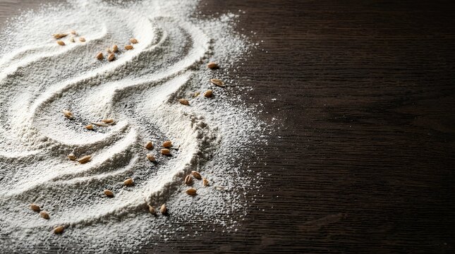 White wheat flour sprinkled on a dark rustic wooden table with scattered whole grain seeds, textured wavy patterns in flour, top view of baking ingredients for bread making.