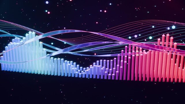 A 3D render of a digital audio equalizer with glowing blue and pink neon bars, pulsating in a dark space as the camera rotates to a side angle