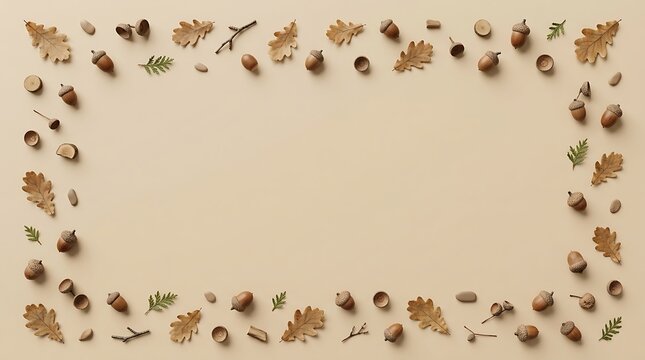 Seashells arranged in a rectangular frame on a soft pastel background