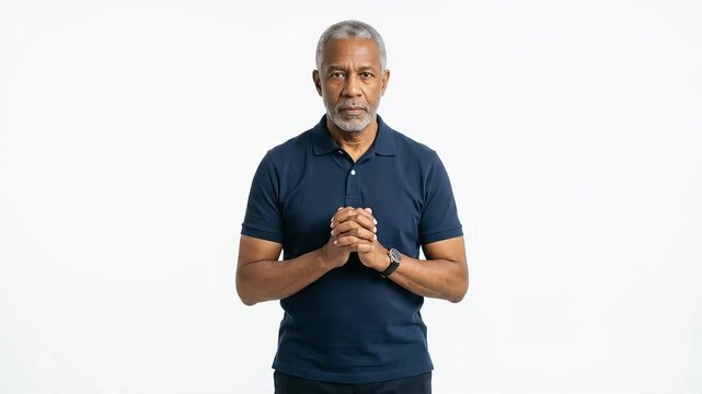 A senior man explains with his arms outstretched against a white background.