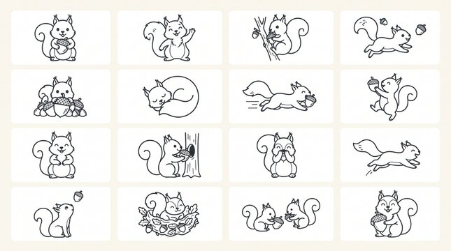 Cute squirrel outline icon collection featuring playful squirrels with bushy tails, acorns, varied poses, and expressive details, arranged evenly in a four-by-four grid.