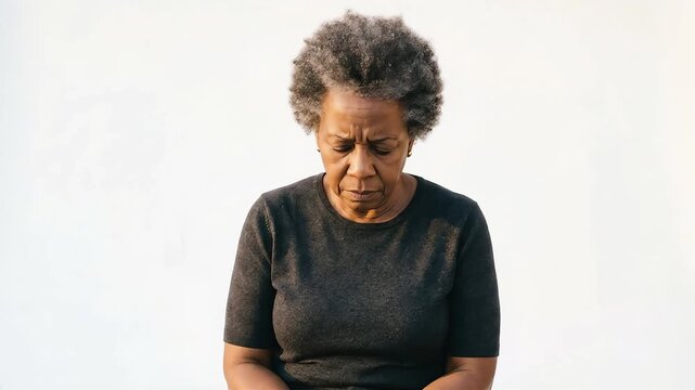 A senior woman with her arms outstretched against a white background, looking confused.