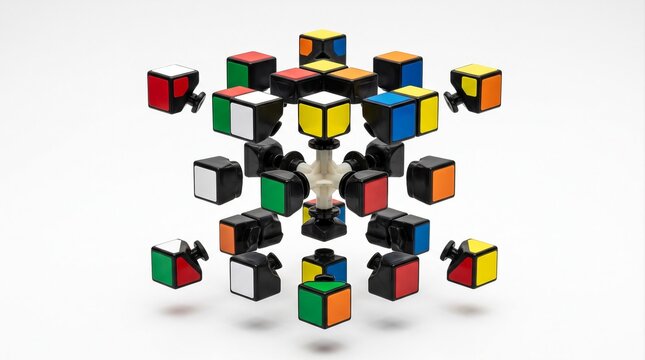 Exploded view of a disassembled magic cube puzzle showing internal mechanism and colorful pieces on white background
