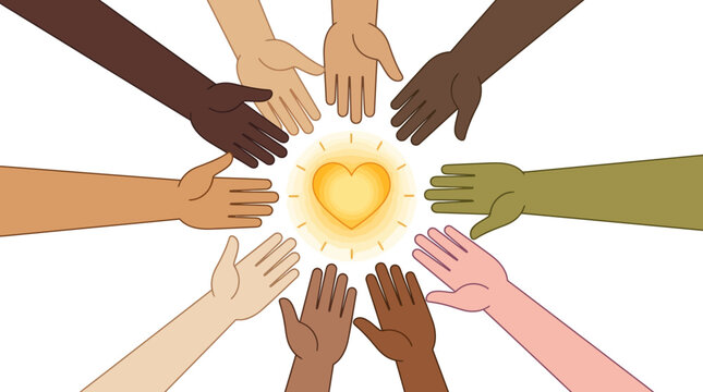 Hands of diverse people reach toward a glowing golden heart symbol representing unity and collective care.
