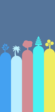 Abstract colorful trees on rounded hills against a blue background