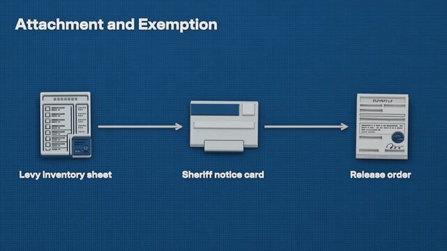 Levy inventory and sheriff notice precede a release order freeing property protected by an exemption claim. Flat 3D style; objects labelled in English.