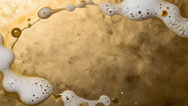 Golden Foam Swirl: Close-up of liquid gold and frothy bubbles forming an abstract swirl pattern, evoking a sense of luxurious texture and fluid motion.