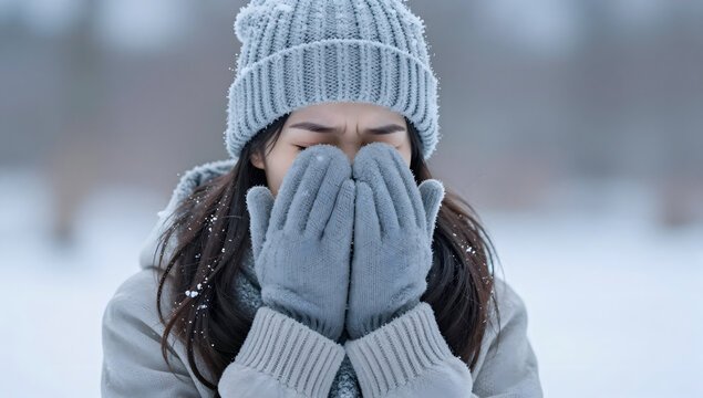 Cold Woman: A young woman bundled in winter attire, wearing a knitted hat and gloves, shivers as she covers her face with her hands, seeking warmth amidst a snowy landscape.