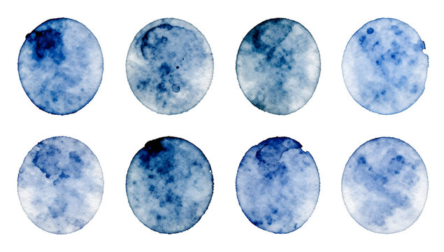 Abstract Blue Circles: A collection of eight blue watercolor circles, each with unique textures and shades, arranged in two rows, evoking a sense of calm and abstract artistry.