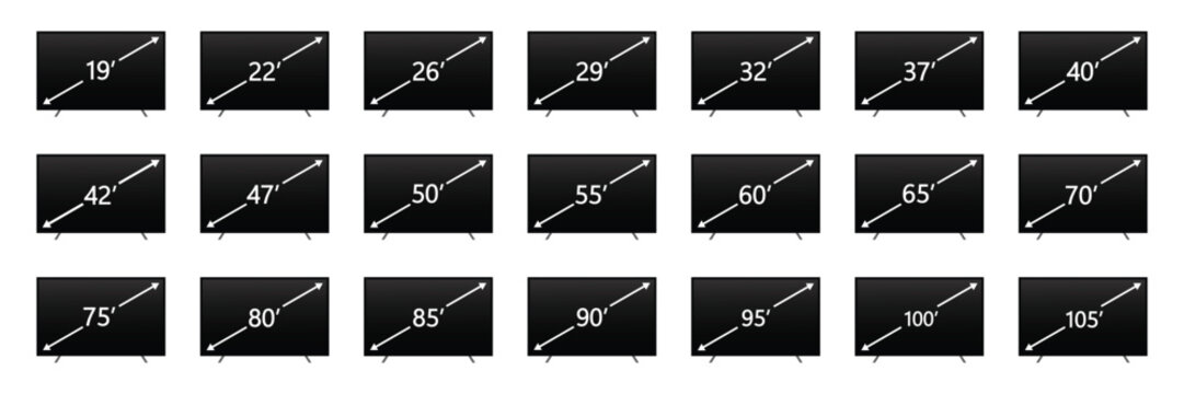 Smart TV screen size icon set with black television screens, 19, 22, 26, 29, 32, 37, 40, 42, 47, 50, 55, 60, 65, 70, 75, 80, 85, 90, 95, 100 and 105 inch labels, display dimension comparison vector