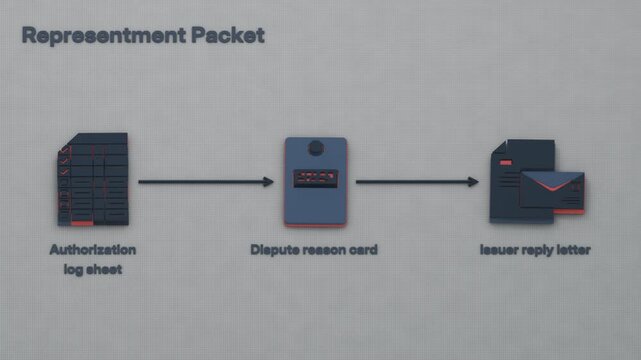 The merchant assembles authorization records and addresses the dispute reason in a representment packet before the issuer responds to the chargeback challenge. Flat 3D style; objects labelled in