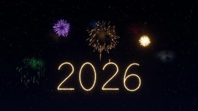 3D render of the new year transition from 2026 to 2027 with golden sparkling numbers and colorful fireworks exploding in the starry night sky
