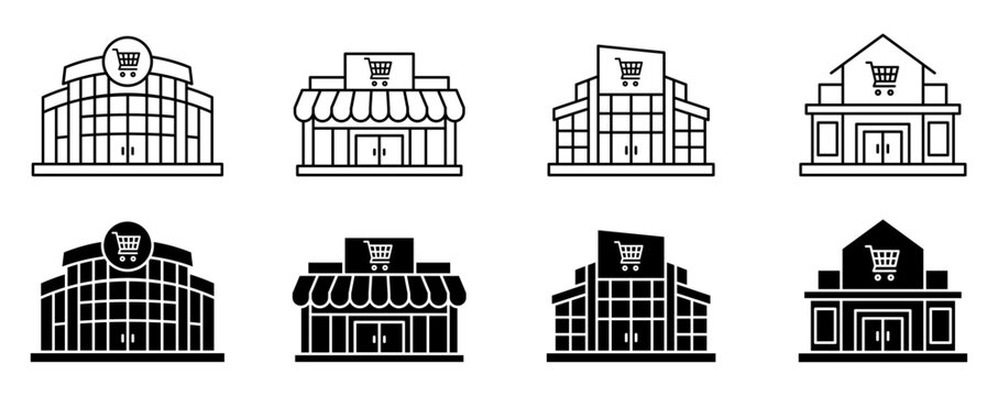 Shopping store and retail building icon set for ecommerce, online shopping, marketplace, checkout, and commercial business design projects.