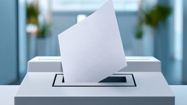 Ballot paper being inserted into white ballot box in modern office environment, symbolizing voting process