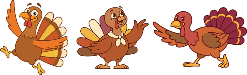 Obraz premium Three cartoon turkeys with varying expressions showcase a colorful vector illustration style turkey