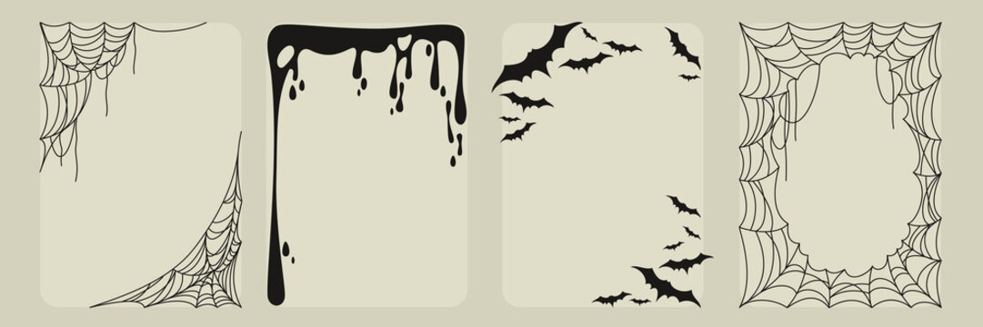 Halloween frames with spooky spider web, black bats, and blood dripping on background, sketch vector borders for festive posts. Scary cobweb patterns, gothic banners for haunting atmosphere designs