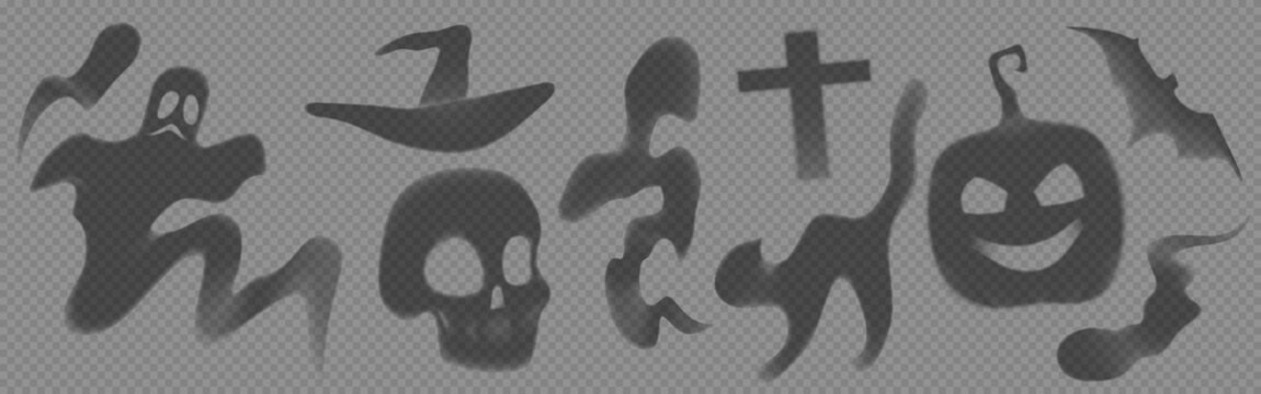 Spooky Halloween shadow overlays on transparent background. Vector realistic illustration of ghost silhouettes, skull, pumpkin, bats, witch hat, and fog effects for horror designs, party decorations