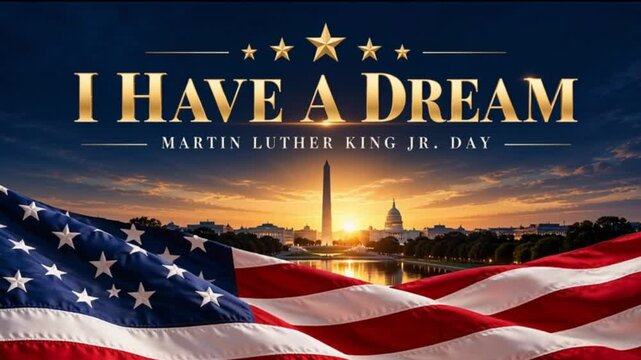 Martin Luther King Jr. Day I Have a Dream with Waving American Flags, Peace Dove and Monument at Sunrise footage Video
