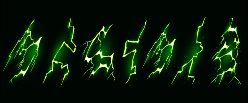 Neon green lightning bolt effect set on black background. Vector cartoon illustration of vibrant electric energy strikes with glowing sparks, bright flash light in dark sky, magic game design elements