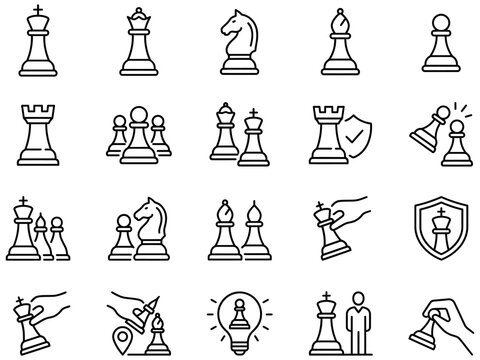Chess line icons set for strategic thinking and gameplay in tournament promotion and educational material designs.