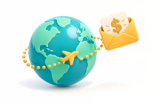 3D Globe with Airplane Route to Money Envelope International Remittance