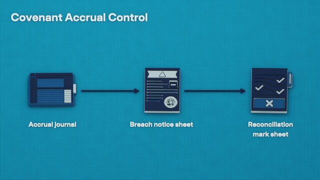 Covenant control advances from ratio testing and accrual booking to waiver review, breach notification and scheduled cure. Flat 3D style; objects labelled in English.