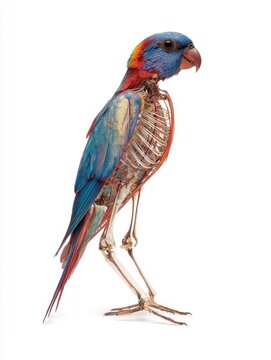 Colorful Parrot With Exposed Anatomical Skeletal Structure Isolated On A Clean White Background