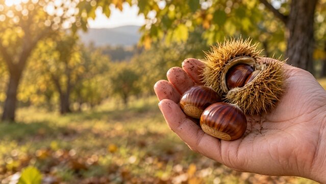 Hand holding freshly picked chestnuts in autumn orchard