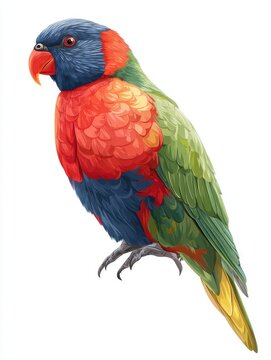 Colorful Rainbow Lorikeet Bird Illustration With Vivid Red Blue And Green Feathers On White Background