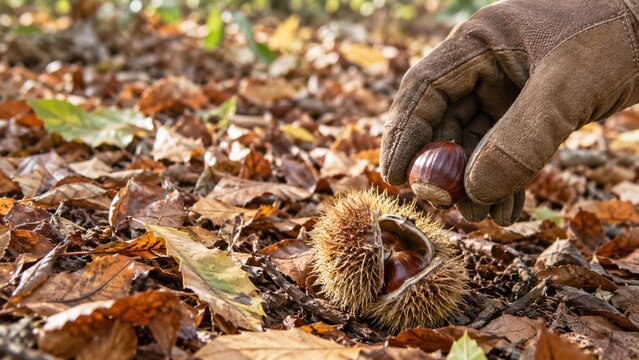 Person wearing gloves picking chestnuts from spiky burr