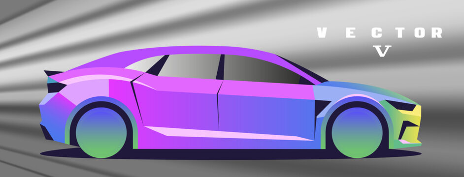 Vector iridescent VIP car. Bright colorful automobile. Side view. Design element. Color high speed vehicle. Urban transport. Four doors