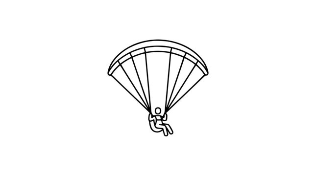 Paragliding extreme sport minimalist linear icon featuring skydiver flying high with parachute canopy wing outline vector symbol
